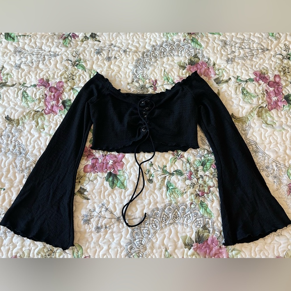 Black Off-Shoulder Lace-Up Top